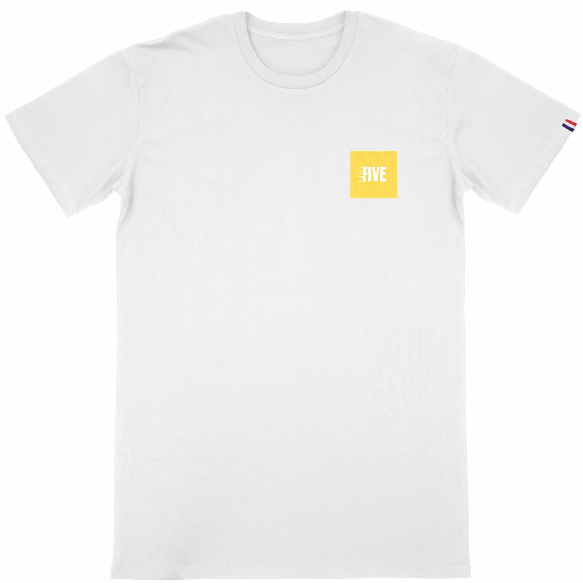 Men's Organic White Cotton French T-Shirt with yellow accent Sphere Five logo
