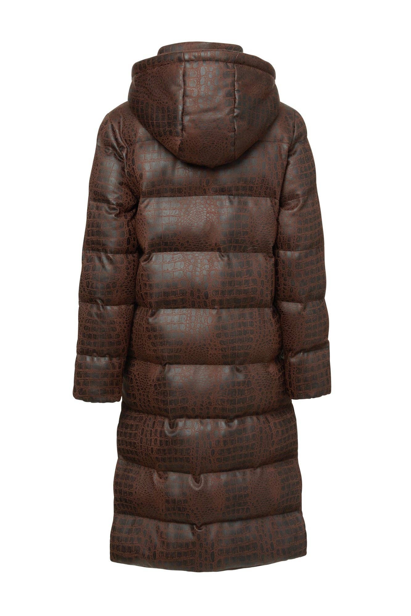brown crocodile puffer coat