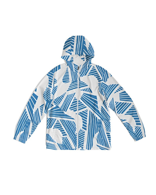 Men's Blue Geometric Pattern Windbreaker in White Sphere Five