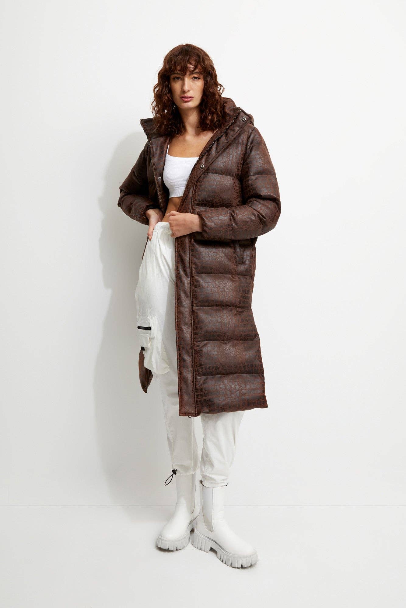 Brown Crocodile print puffer coat