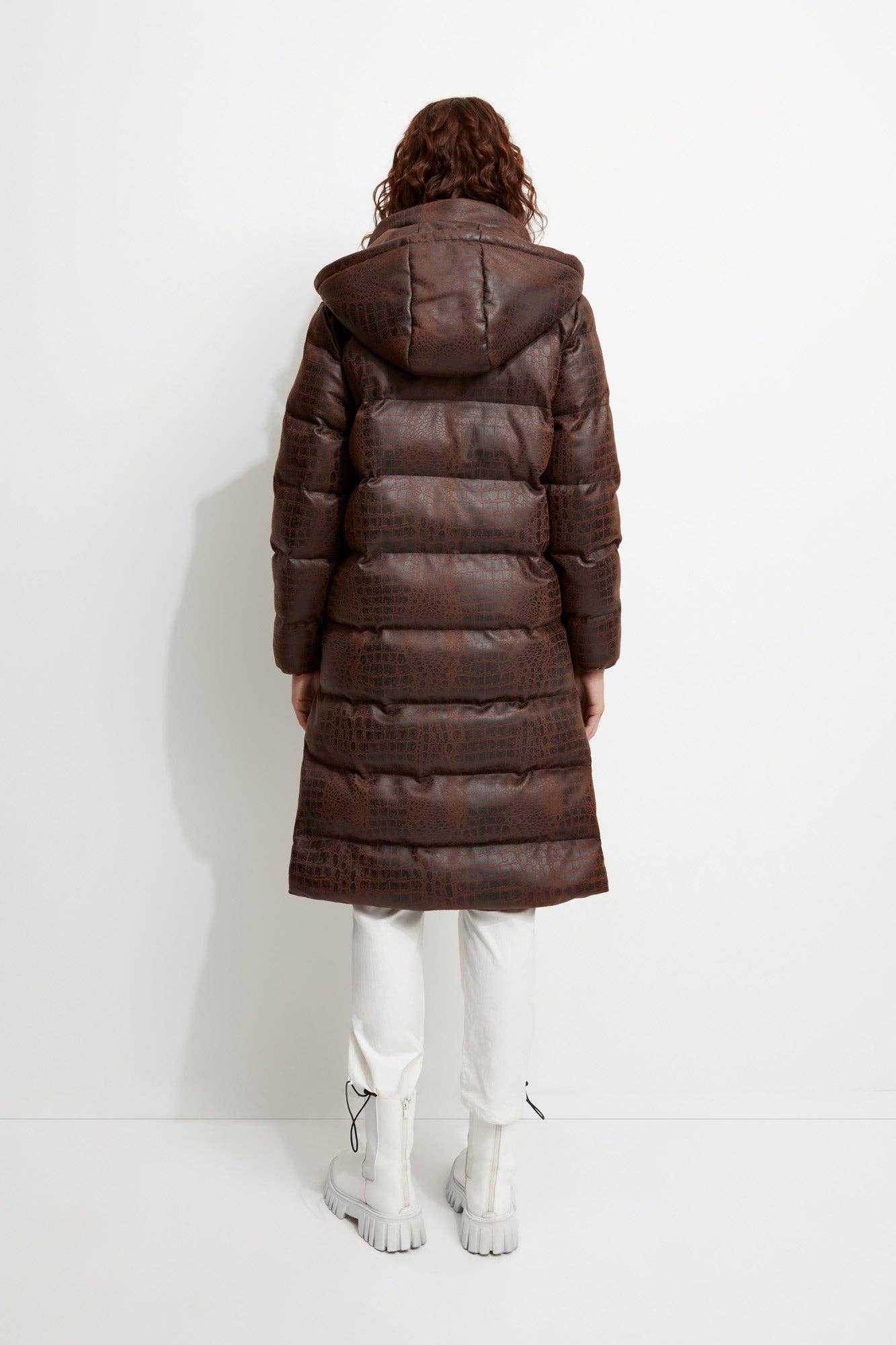 brown crocodile puffer coat