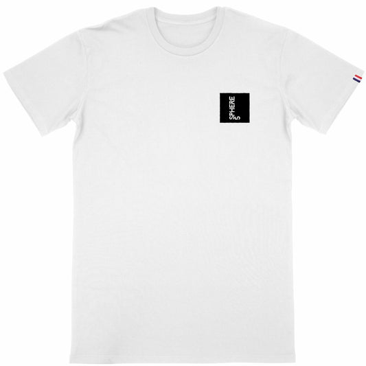Men's White Organic Cotton French T-Shirt with Black Square Sphere 5 logo