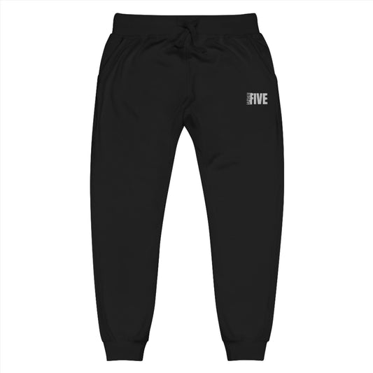 Black Unisex Fleece Sweatpants Sphere Five embroiery on top left
